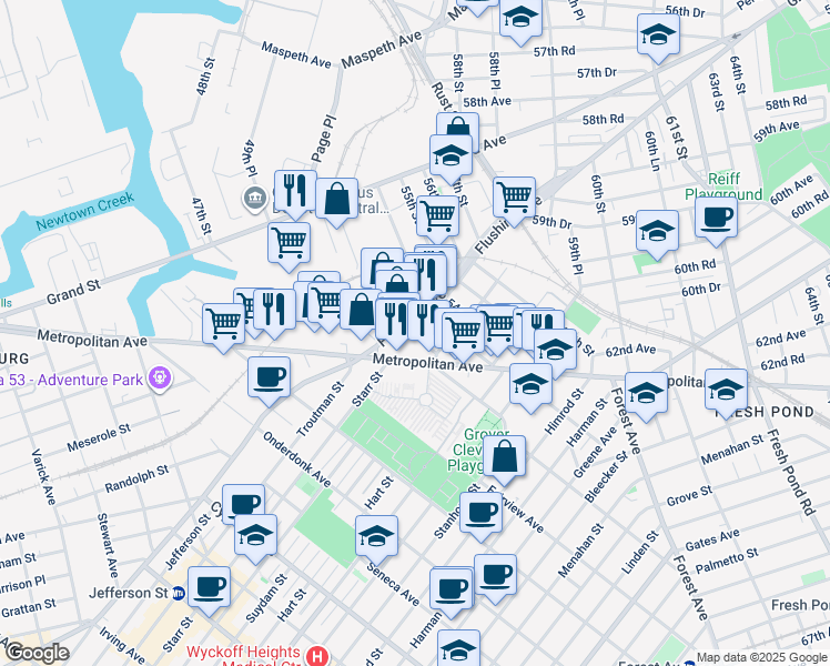 map of restaurants, bars, coffee shops, grocery stores, and more near in Queens