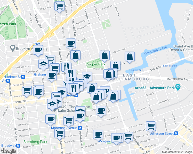 map of restaurants, bars, coffee shops, grocery stores, and more near 991 Metropolitan Avenue in Brooklyn