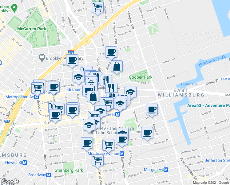 map of restaurants, bars, coffee shops, grocery stores, and more near 834 Metropolitan Avenue in Brooklyn
