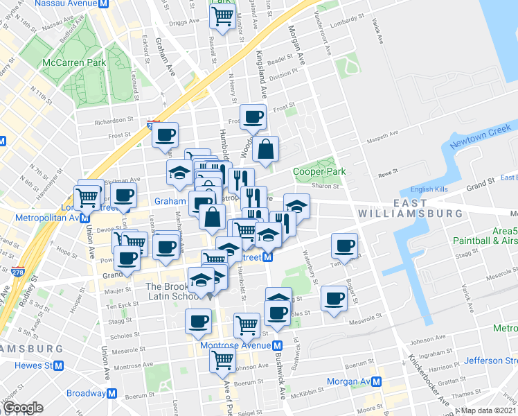 map of restaurants, bars, coffee shops, grocery stores, and more near in Brooklyn