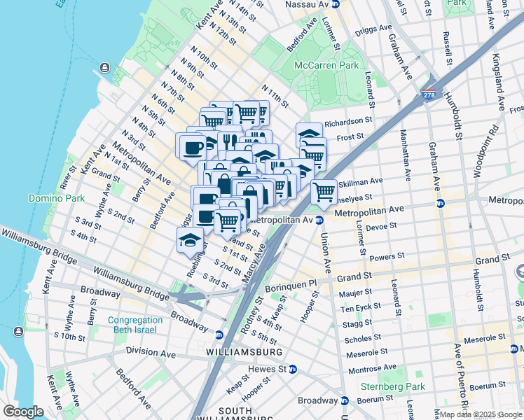 map of restaurants, bars, coffee shops, grocery stores, and more near 359 Metropolitan Avenue in Brooklyn