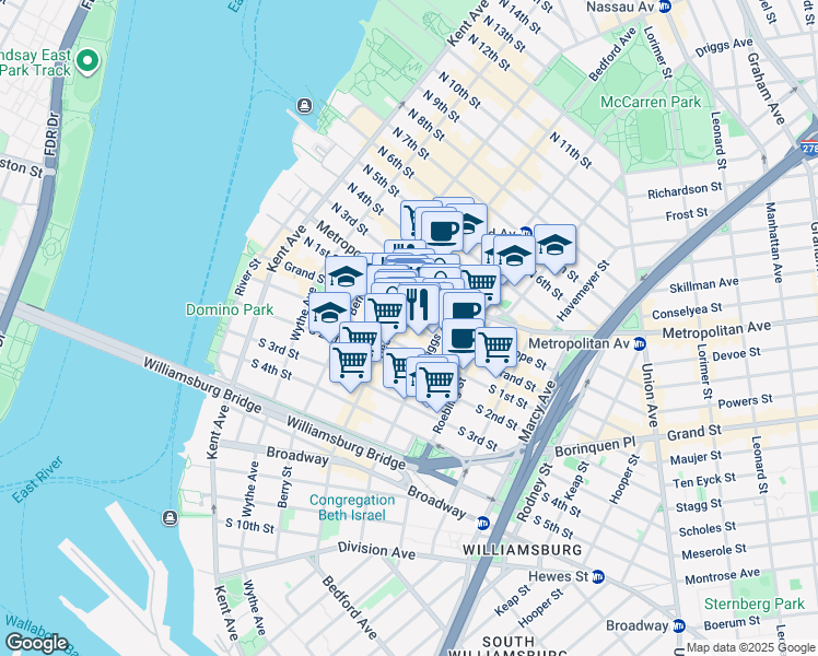 map of restaurants, bars, coffee shops, grocery stores, and more near 172 North 1st Street in Brooklyn