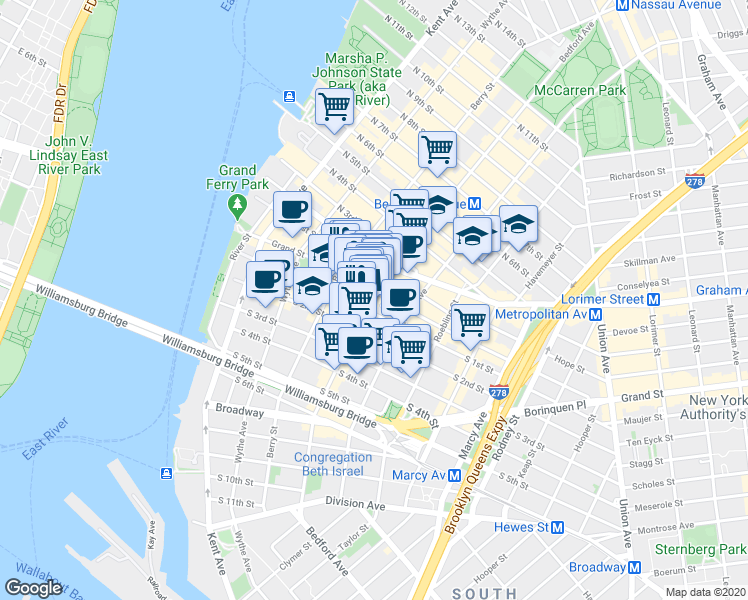 map of restaurants, bars, coffee shops, grocery stores, and more near 156 Grand Street in Brooklyn