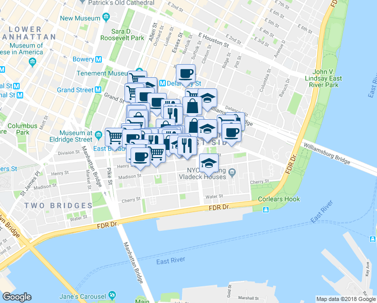 map of restaurants, bars, coffee shops, grocery stores, and more near in New York