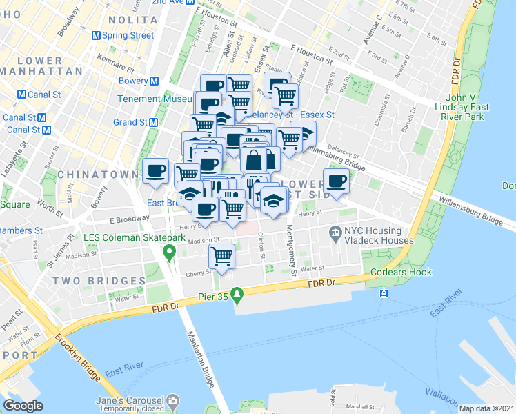 map of restaurants, bars, coffee shops, grocery stores, and more near 212 East Broadway in New York