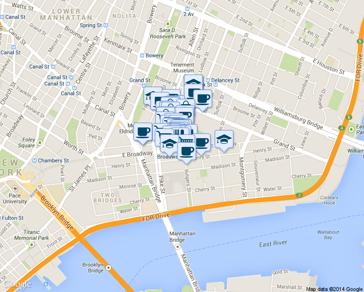 map of restaurants, bars, coffee shops, grocery stores, and more near 153 East Broadway in New York