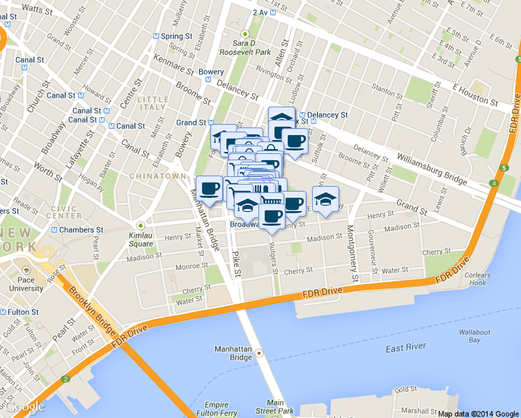 map of restaurants, bars, coffee shops, grocery stores, and more near 153 East Broadway in New York