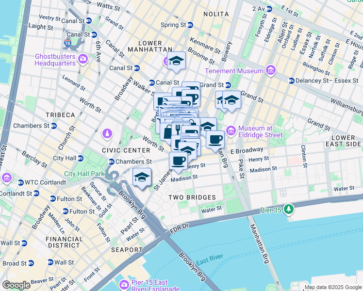 map of restaurants, bars, coffee shops, grocery stores, and more near 12 Chatham Square in New York