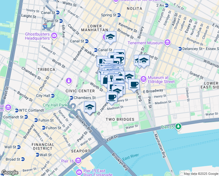 map of restaurants, bars, coffee shops, grocery stores, and more near 12 Chatham Square in New York