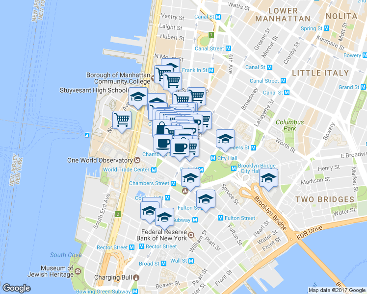 map of restaurants, bars, coffee shops, grocery stores, and more near 56 West Broadway in New York