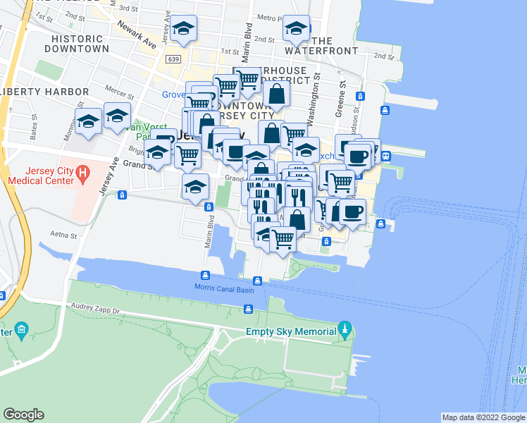map of restaurants, bars, coffee shops, grocery stores, and more near 207 Warren Street in Jersey City