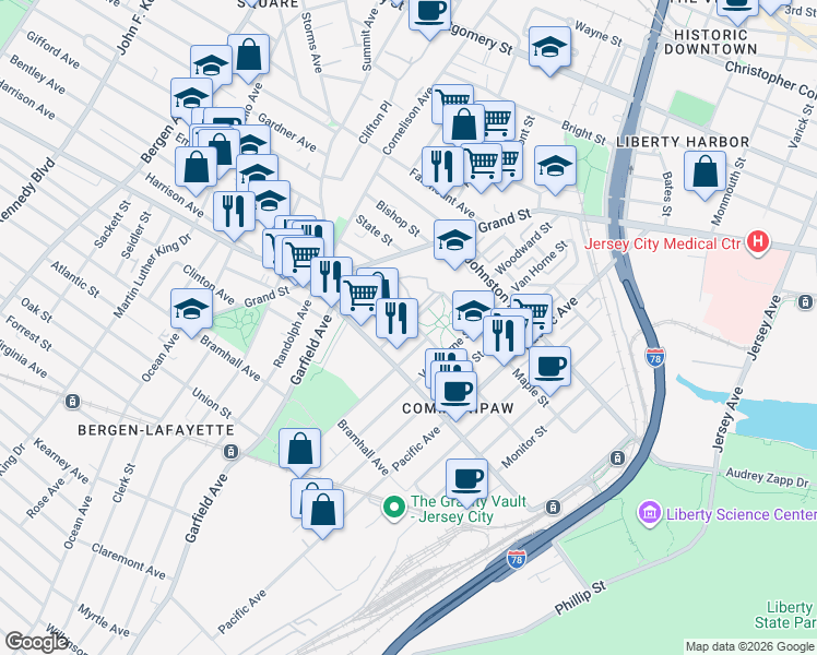 map of restaurants, bars, coffee shops, grocery stores, and more near 144 Lafayette Street in Jersey City