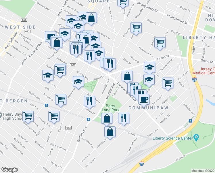 map of restaurants, bars, coffee shops, grocery stores, and more near 347 Randolph Avenue in Jersey City