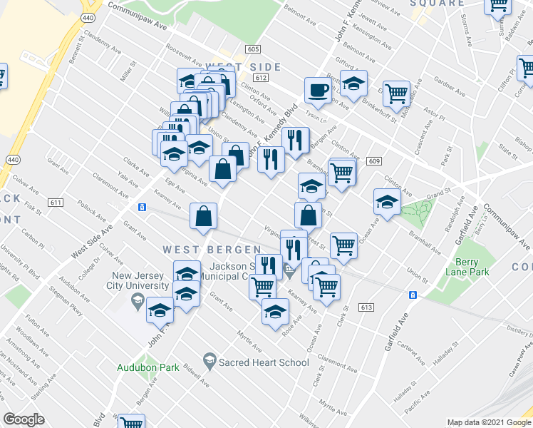 map of restaurants, bars, coffee shops, grocery stores, and more near 367 Bergen Avenue in Jersey City