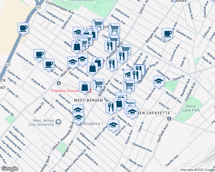 map of restaurants, bars, coffee shops, grocery stores, and more near 367 Bergen Avenue in Jersey City