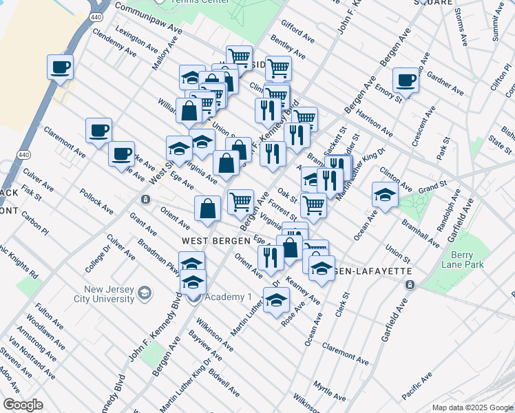 map of restaurants, bars, coffee shops, grocery stores, and more near 367 Bergen Avenue in Jersey City