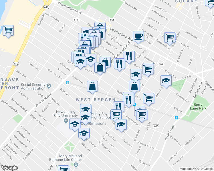 map of restaurants, bars, coffee shops, grocery stores, and more near 173 Virginia Avenue in Jersey City