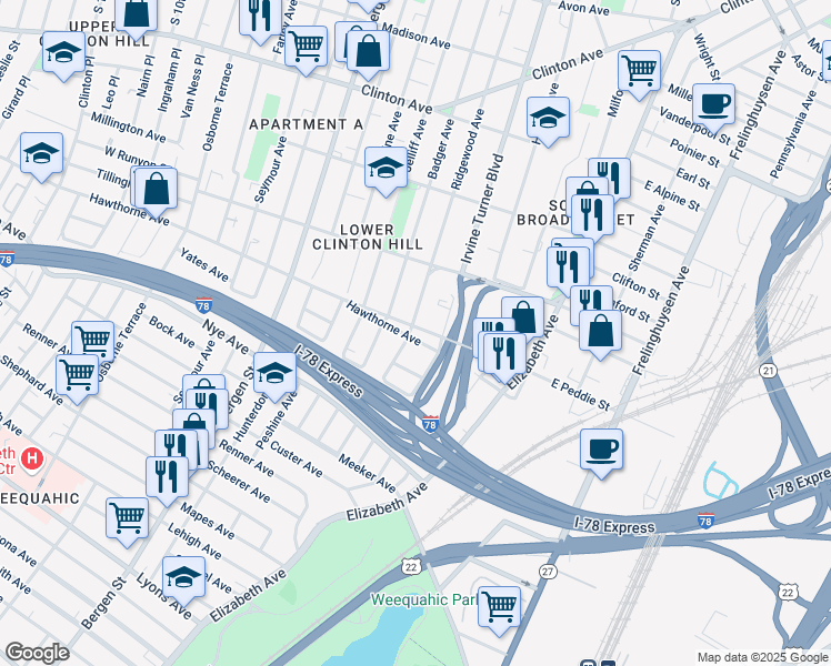 map of restaurants, bars, coffee shops, grocery stores, and more near 57-75 West Peddie Street in Newark