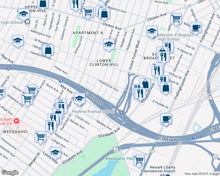 map of restaurants, bars, coffee shops, grocery stores, and more near 345 Badger Avenue in Newark