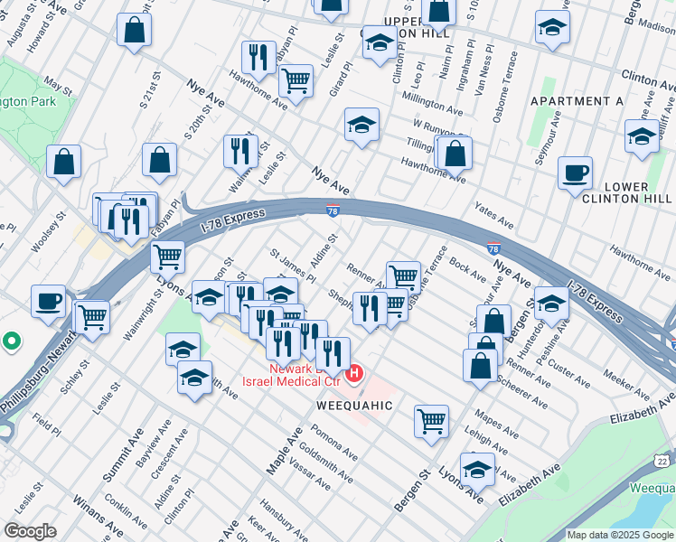 map of restaurants, bars, coffee shops, grocery stores, and more near 36 Aldine Street in Newark