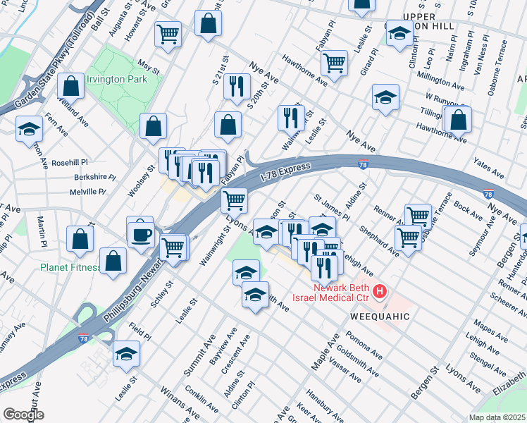 map of restaurants, bars, coffee shops, grocery stores, and more near 275 Leslie Street in Newark