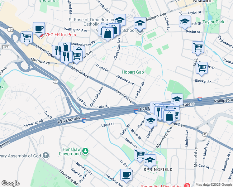 map of restaurants, bars, coffee shops, grocery stores, and more near 436A Morris Avenue in Springfield