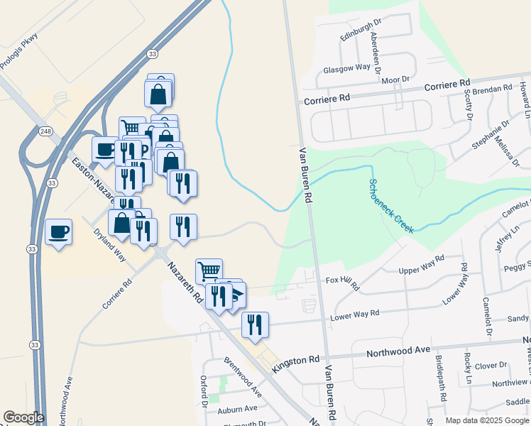 map of restaurants, bars, coffee shops, grocery stores, and more near 3630 Corriere Road in Easton