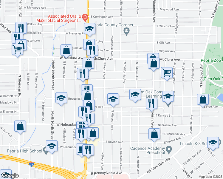 map of restaurants, bars, coffee shops, grocery stores, and more near 316 East Thrush Avenue in Peoria