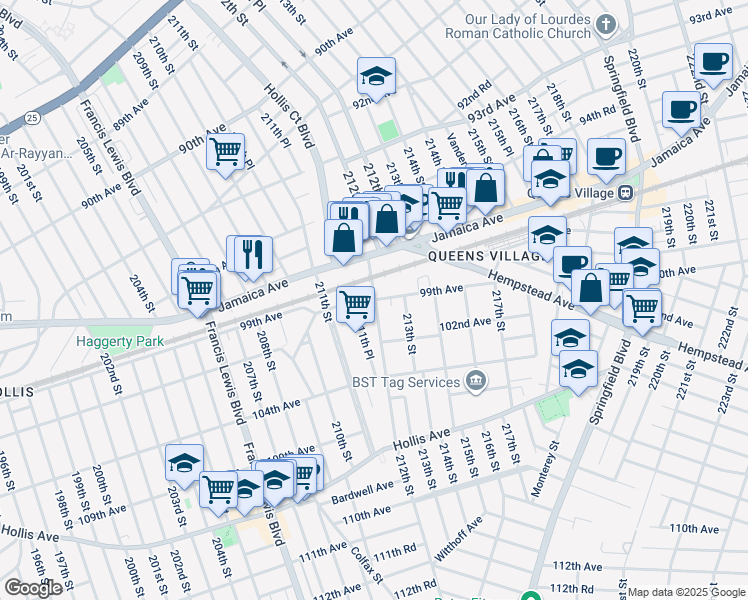 map of restaurants, bars, coffee shops, grocery stores, and more near 211-37 99th Avenue in Queens