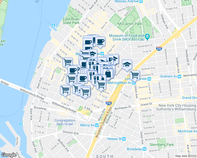 map of restaurants, bars, coffee shops, grocery stores, and more near 147 Roebling Street in Brooklyn