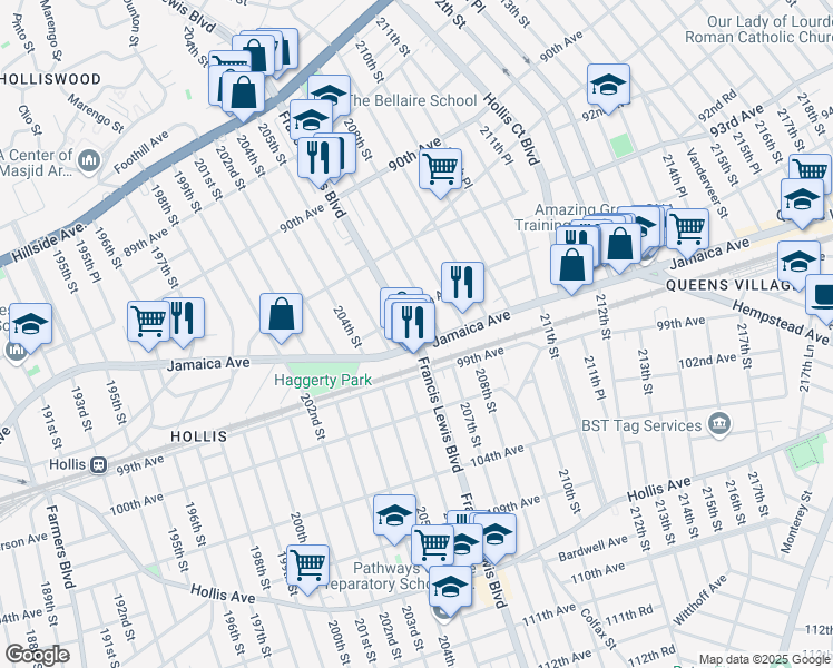 map of restaurants, bars, coffee shops, grocery stores, and more near 9423 Francis Lewis Boulevard in Queens