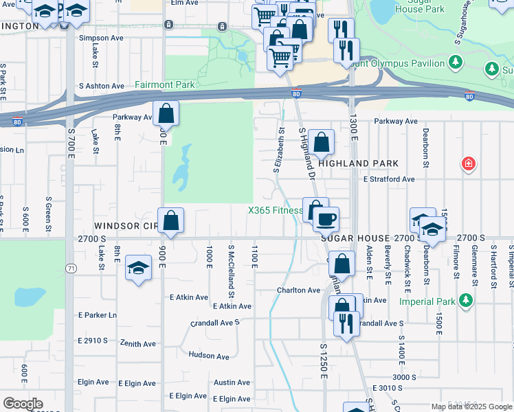 map of restaurants, bars, coffee shops, grocery stores, and more near 2594 South 1100 East in Salt Lake City