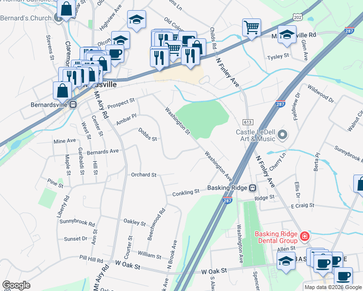 map of restaurants, bars, coffee shops, grocery stores, and more near 104 Ambar Place in Bernardsville