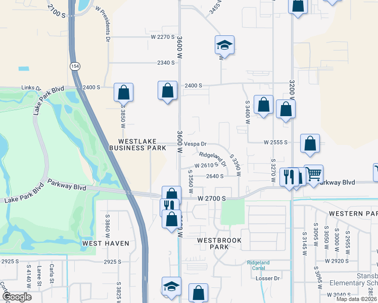 map of restaurants, bars, coffee shops, grocery stores, and more near 3577 Vespa Drive in West Valley City