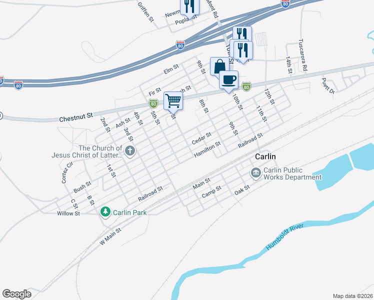 map of restaurants, bars, coffee shops, grocery stores, and more near 601 Cedar Street in Carlin