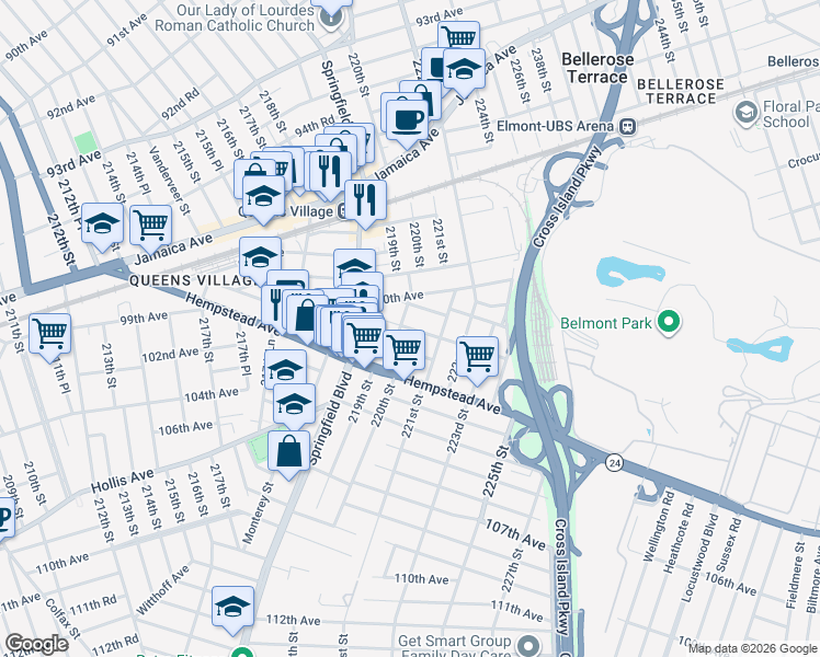 map of restaurants, bars, coffee shops, grocery stores, and more near 219-19 101st Avenue in Queens