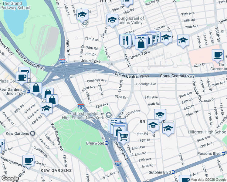 map of restaurants, bars, coffee shops, grocery stores, and more near 138-31 Hoover Avenue in Queens