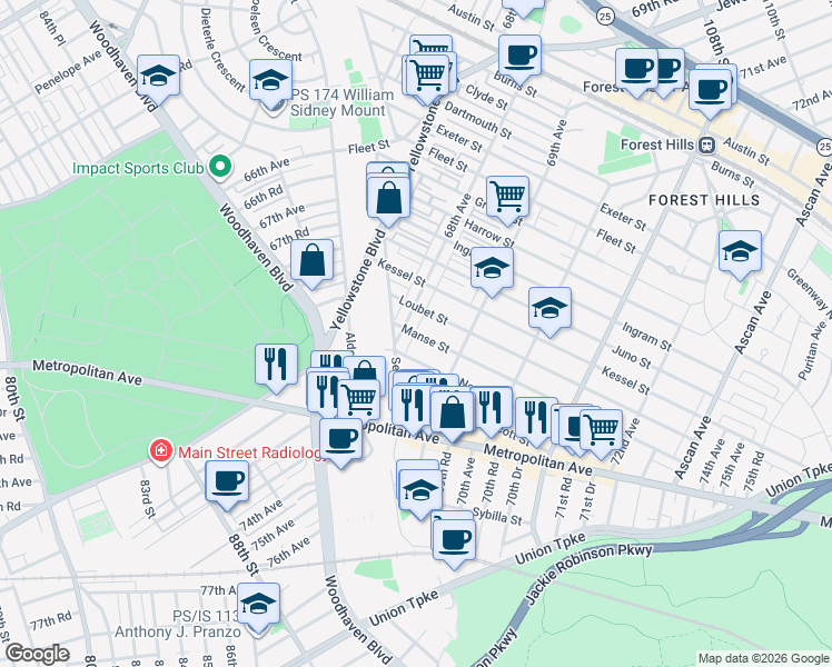 map of restaurants, bars, coffee shops, grocery stores, and more near 68-16 Loubet Street in Queens