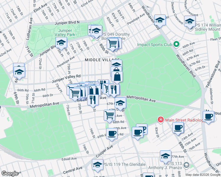 map of restaurants, bars, coffee shops, grocery stores, and more near 66-48 79th Place in Queens