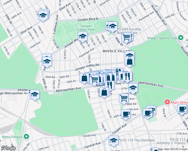 map of restaurants, bars, coffee shops, grocery stores, and more near 66-43 75th Street in Queens