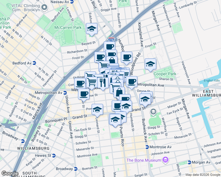 map of restaurants, bars, coffee shops, grocery stores, and more near 713 Metropolitan Avenue in Brooklyn