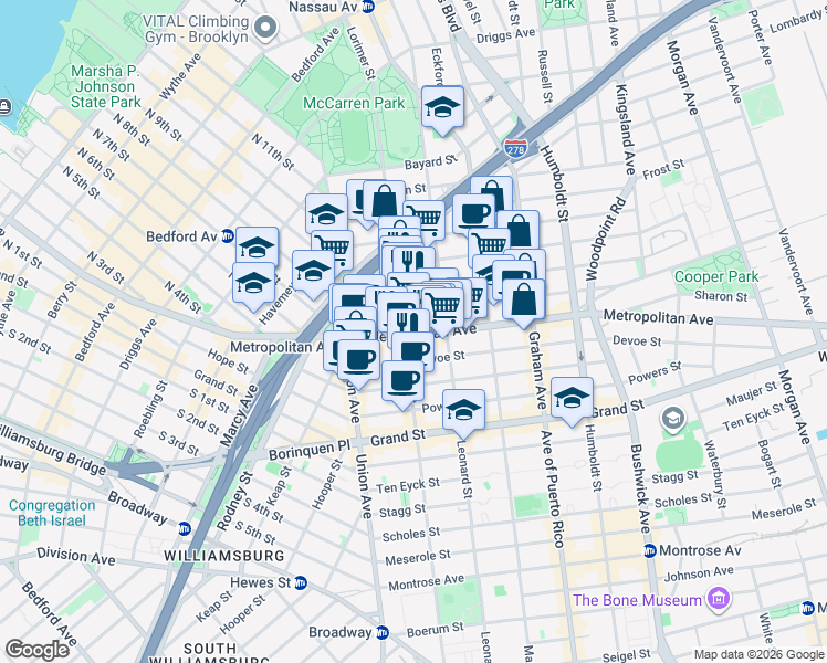 map of restaurants, bars, coffee shops, grocery stores, and more near in Brooklyn