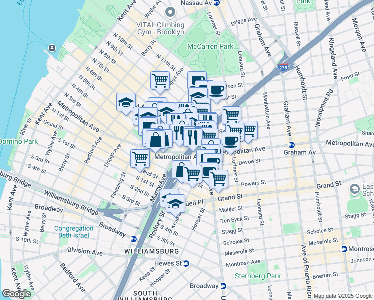 map of restaurants, bars, coffee shops, grocery stores, and more near 309 North 6th Street in Brooklyn