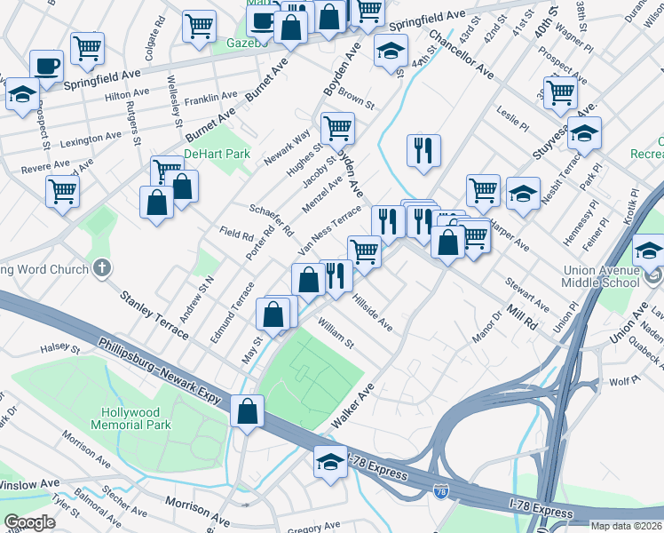 map of restaurants, bars, coffee shops, grocery stores, and more near 20 Berkley Street in Maplewood