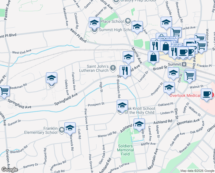 map of restaurants, bars, coffee shops, grocery stores, and more near 15 Brook Court in Summit