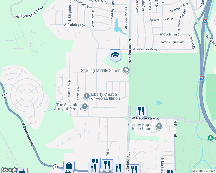 map of restaurants, bars, coffee shops, grocery stores, and more near 2126 North Drury Lane in Peoria