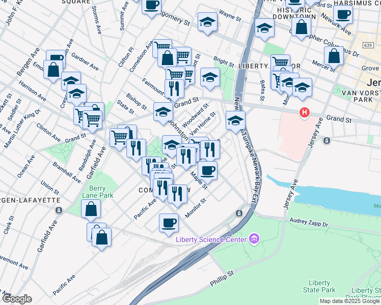 map of restaurants, bars, coffee shops, grocery stores, and more near 378 Halladay Street in Jersey City