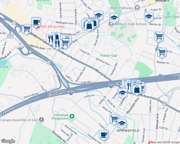map of restaurants, bars, coffee shops, grocery stores, and more near 180 Short Hills Avenue in Springfield