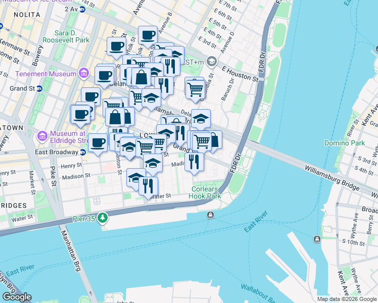 map of restaurants, bars, coffee shops, grocery stores, and more near 527 Henry Street in New York