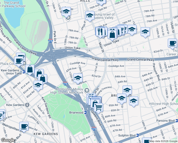 map of restaurants, bars, coffee shops, grocery stores, and more near 138-31 Hoover Avenue in Queens